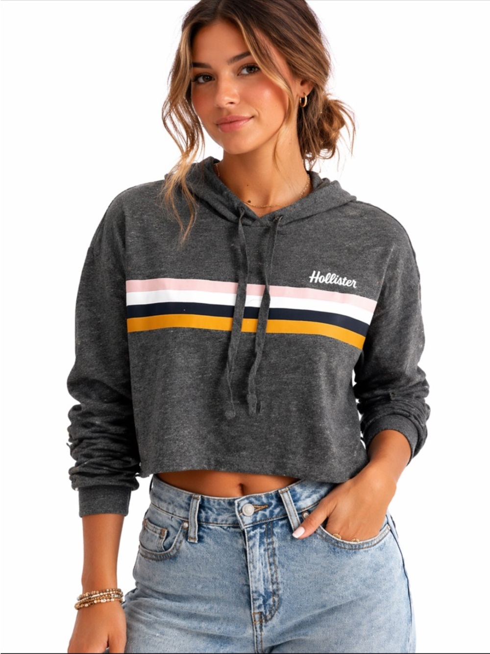 Hollister Cropped Hoodie Boyfriend Tee Stripe Lightweight XS